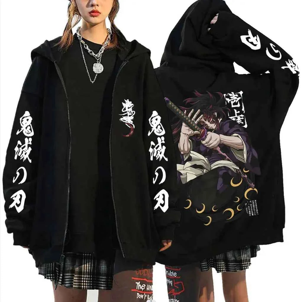 Anime Demon Slayer Kokushibo Zipper Hoodie Men Women Clothing Cartoon Fashion Zip Up Jacket Men's Oversized Zip Up Sweatshirt