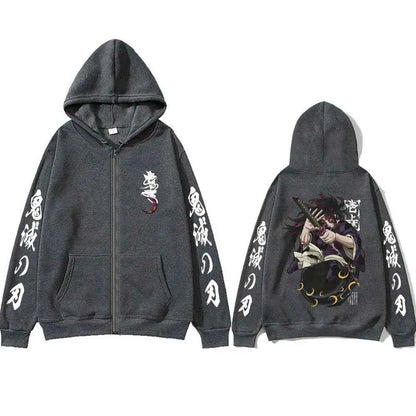 Anime Demon Slayer Kokushibo Zipper Hoodie Men Women Clothing Cartoon Fashion Zip Up Jacket Men's Oversized Zip Up Sweatshirt