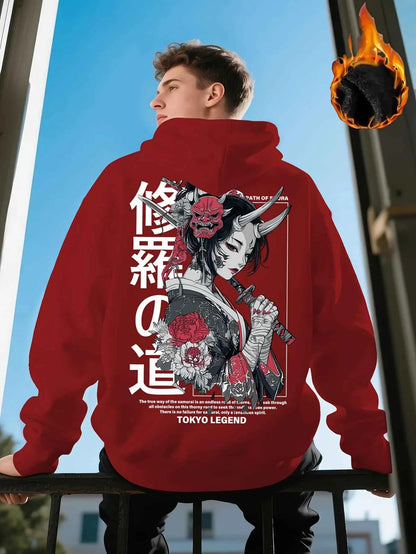 New Japanese Anime Samurai Street Cherry Blossom Adult Men's Hooded Sweatshirt Loose Winter Fleece Warm Casual Versatile Daily